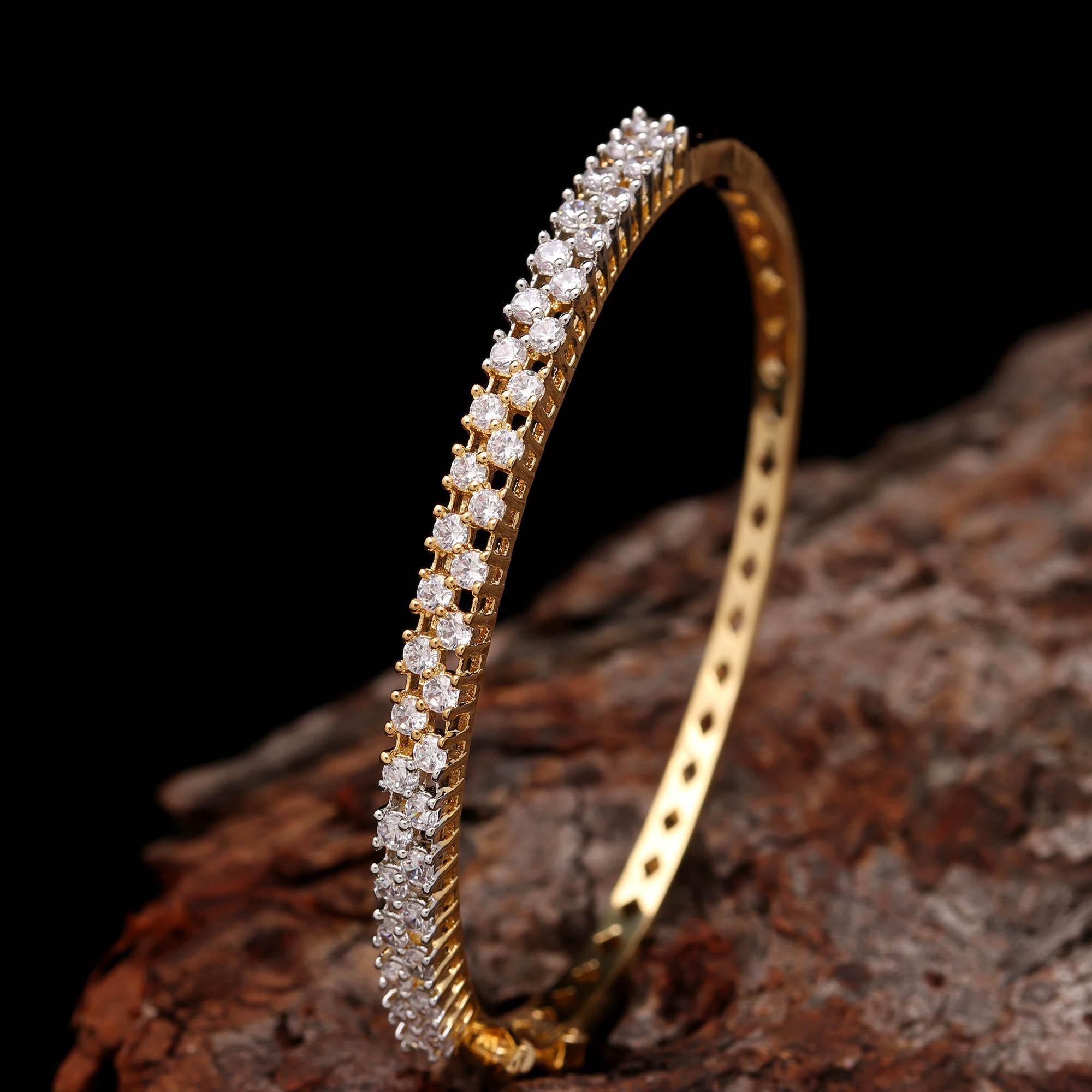 Elegant Gold Diamond Bangle for Women – Sparkling Two-Row Stone Design | Buy Luxury Gold Bracelet Online